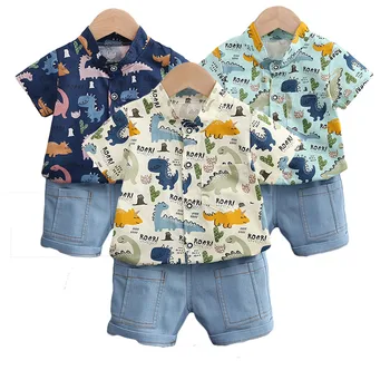 1-4Y Комплекты одежды для мальчиков Футболка с мультяшным принтом Топы + джинсовые шорты 2 шт. Детская летняя рубашка Наряды Повседневная одежда