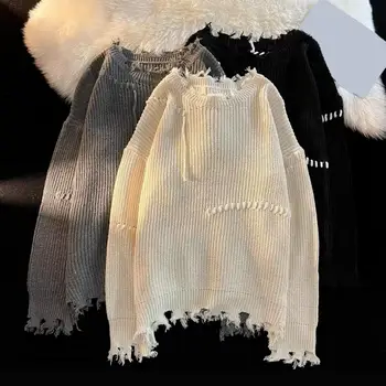 Женский свитер с круглым вырезом Мужской свитер с бахромой и кисточками Теплый вязаный пуловер с рваными деталями Свободный крой для осени и зимы